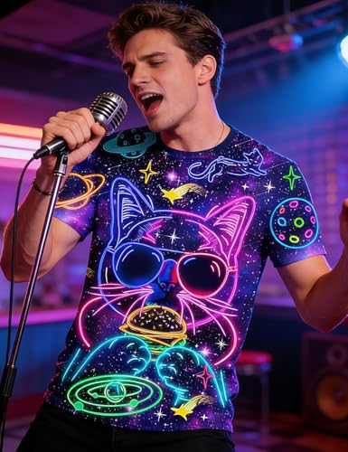 RAISEVERN Mens T-Shirts Funny Neon Cat Shirts Casual Cool Hip Hop Galaxy Space Rave Crewneck Short Sleeve Novelty Graphic Tees Holiday Festival Party Crazy T Shirt Unisex Summer Top - Image 3