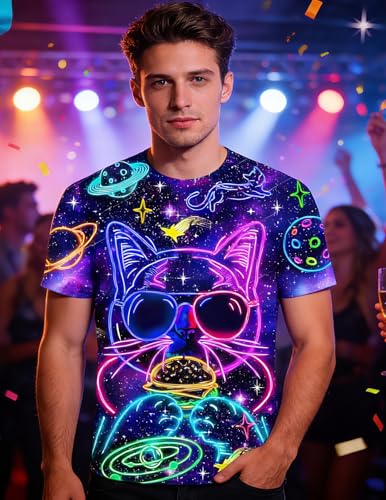 RAISEVERN Mens T-Shirts Funny Neon Cat Shirts Casual Cool Hip Hop Galaxy Space Rave Crewneck Short Sleeve Novelty Graphic Tees Holiday Festival Party Crazy T Shirt Unisex Summer Top - Image 2