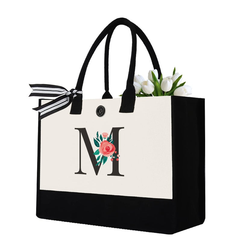 Binggemen Initial Canvas Tote Bag Personalized Birthday Gifts for Women Mom Friends Teachers Monogrammed Tote Bags Suitable for Mothers Day Wedding Beach LetterM 