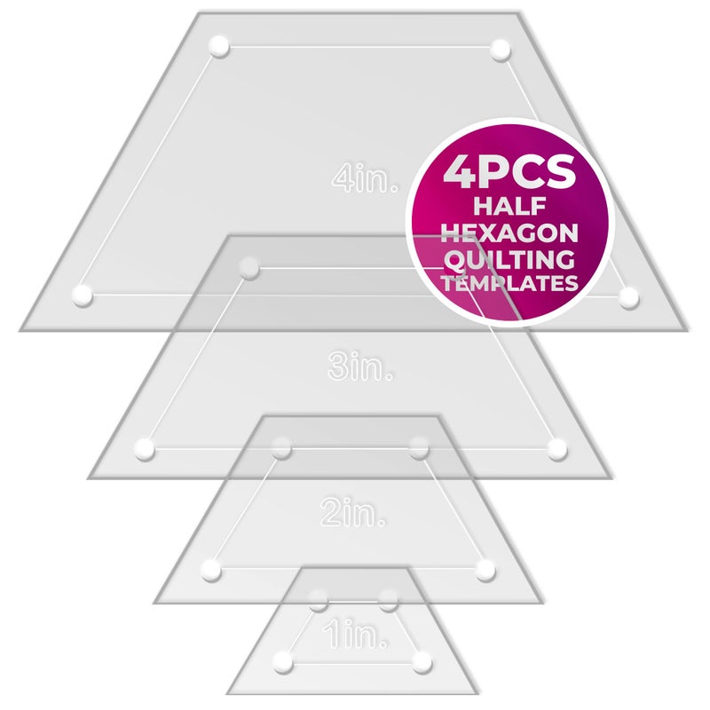 LaserThing Quilting Acrylic Template Set  Precision Tools for Quilting Enthusiasts  Half Hexagon Design  Includes Sizes 4 3 2 1  18 Clear Acrylic  14 Seam Allowance for Accuracy