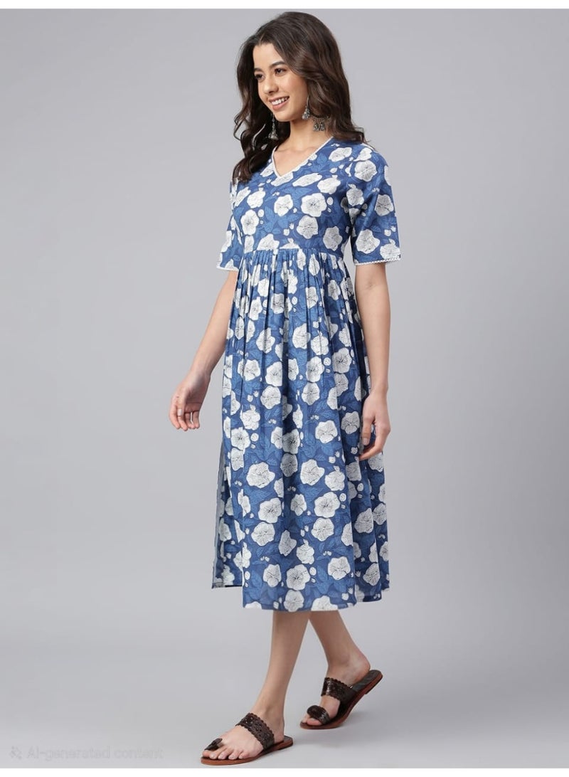 IndHeritage Premium pure cotton casual dress with white floral print for women - Indo Western wear - Perfect dress for office wear / casual wear / Christmas wear / New Year wear / Easter wear - Image 2