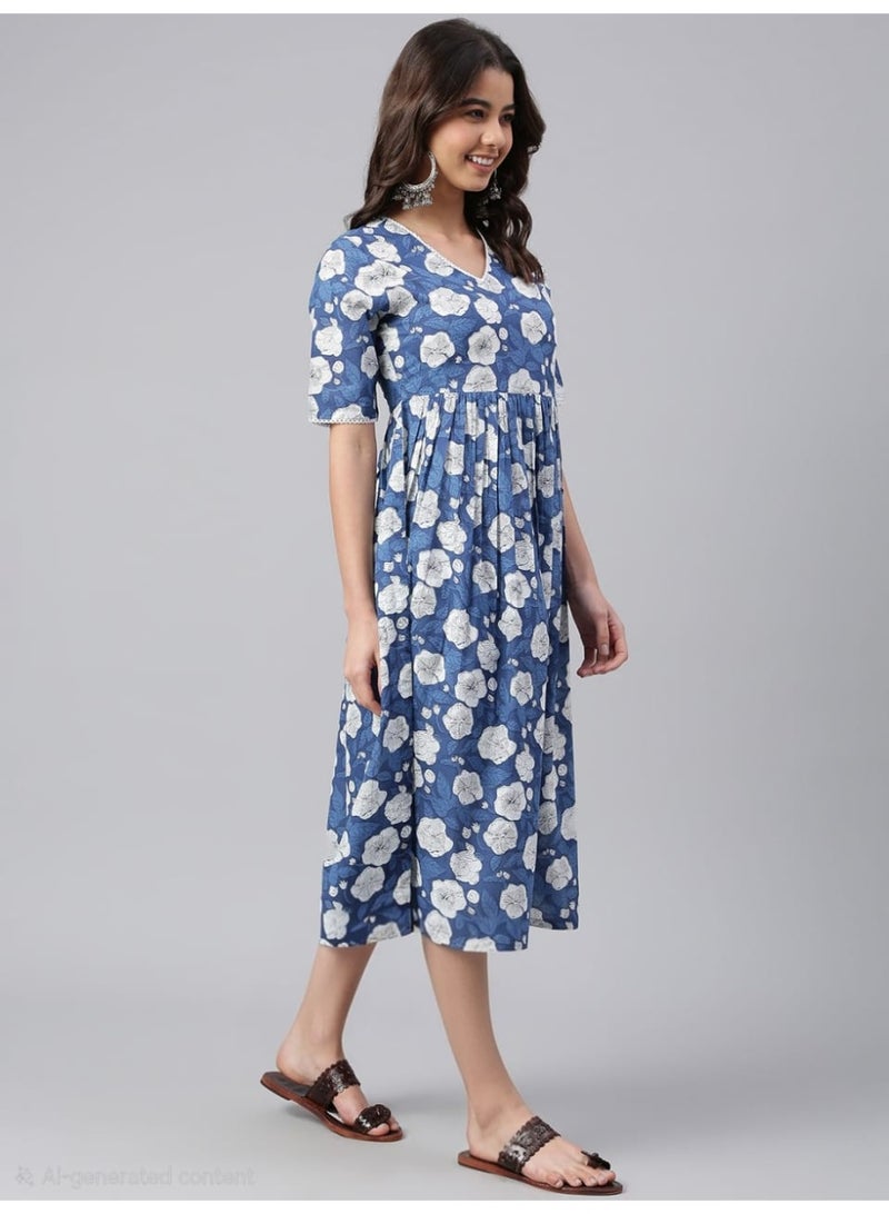 IndHeritage Premium pure cotton casual dress with white floral print for women - Indo Western wear - Perfect dress for office wear / casual wear / Christmas wear / New Year wear / Easter wear - Image 3