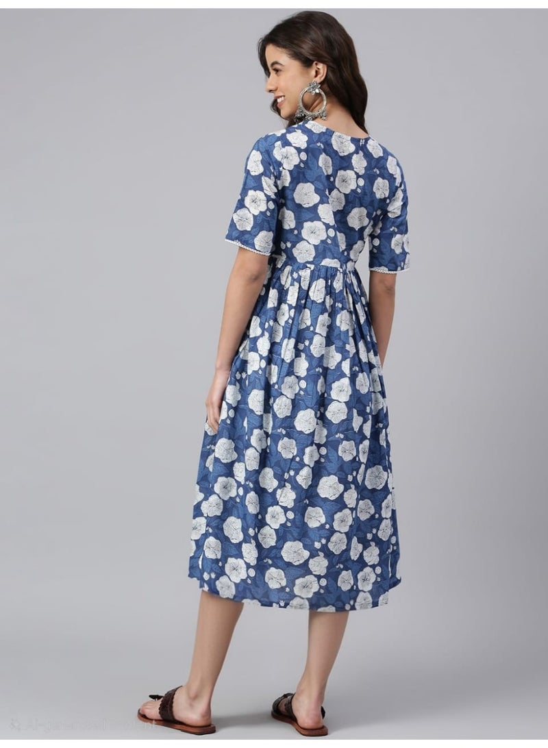 IndHeritage Premium pure cotton casual dress with white floral print for women - Indo Western wear - Perfect dress for office wear / casual wear / Christmas wear / New Year wear / Easter wear - Image 4