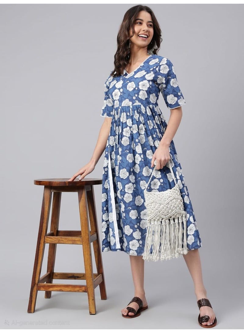 IndHeritage Premium pure cotton casual dress with white floral print for women - Indo Western wear - Perfect dress for office wear / casual wear / Christmas wear / New Year wear / Easter wear - Image 1