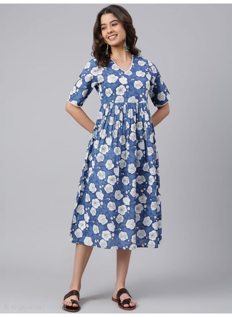 IndHeritage Premium pure cotton casual dress with white floral print for women - Indo Western wear - Perfect dress for office wear / casual wear / Christmas wear / New Year wear / Easter wear - Image 5