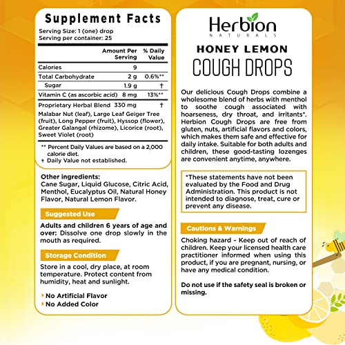 HERBION Naturals Cough Drops, Dietary Supplement, Soothes Cough, for Adults and Children Over 6 Years, No Artificial Flavor, No Added Color, 25 Count (Pack of 1), Honey Lemon - Image 3