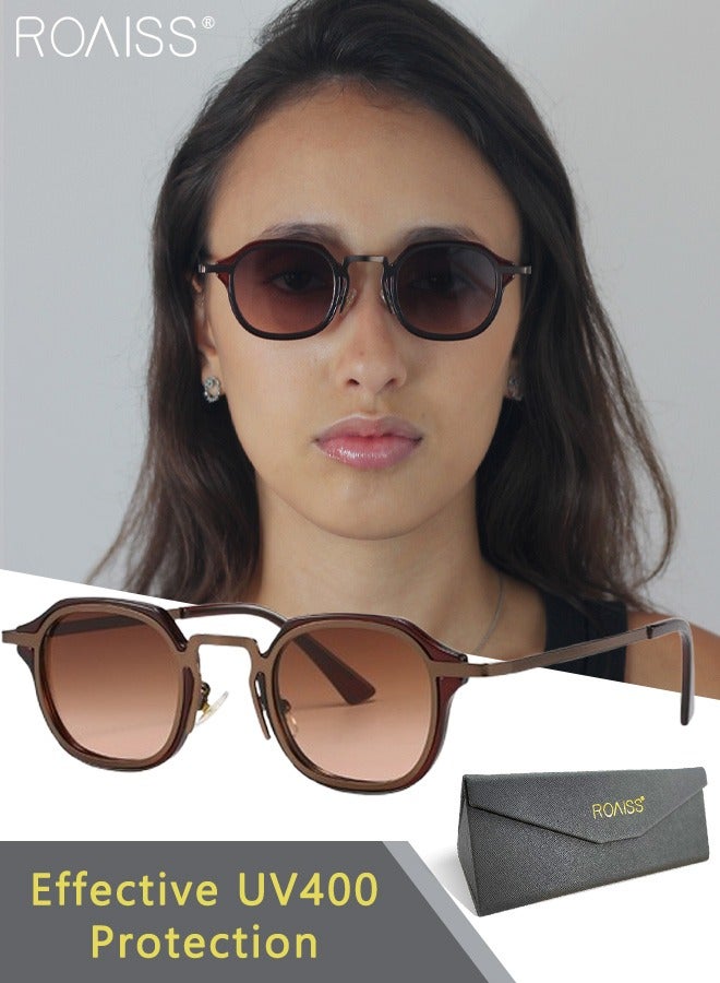 رويس نظارات شمسية دائرية نسائية، حماية من الأشعة فوق البنفسجية UV400، أذرع أنيقة، نظارات شمسية عصرية مضادة للوهج للنساء مع حافظة نظارات، 42 مم، بني - Image 1