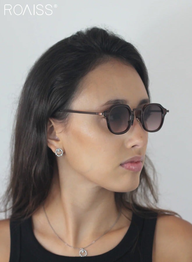 رويس نظارات شمسية دائرية نسائية، حماية من الأشعة فوق البنفسجية UV400، أذرع أنيقة، نظارات شمسية عصرية مضادة للوهج للنساء مع حافظة نظارات، 42 مم، بني - Image 2