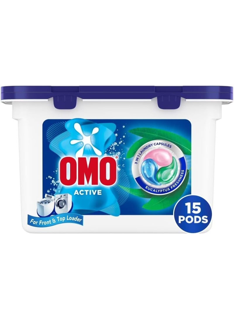 أومو كبسولات غسيل الملابس OMO Active 3 في 1 برائحة الأوكالبتوس المنعشة، 15 كبسولة - Image 1