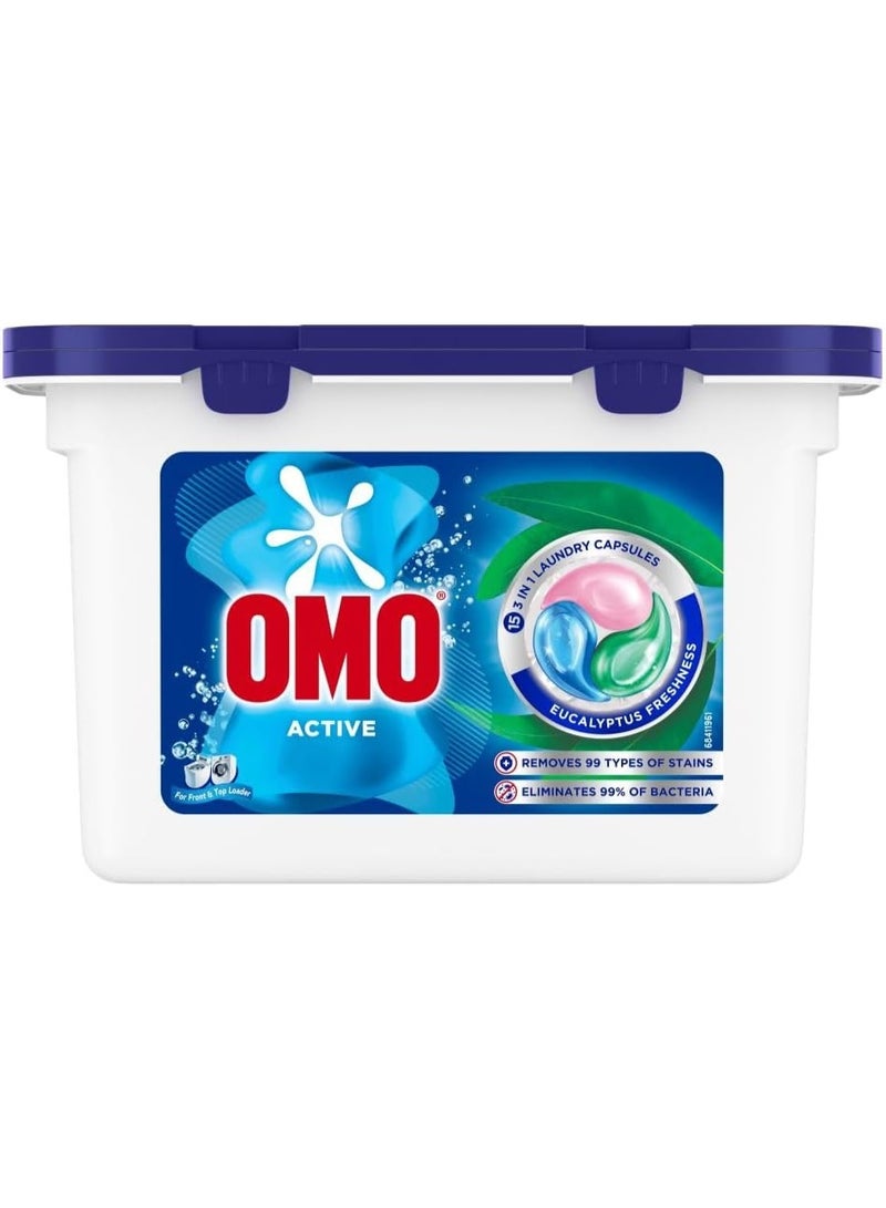 أومو كبسولات غسيل الملابس OMO Active 3 في 1 برائحة الأوكالبتوس المنعشة، 15 كبسولة - Image 2
