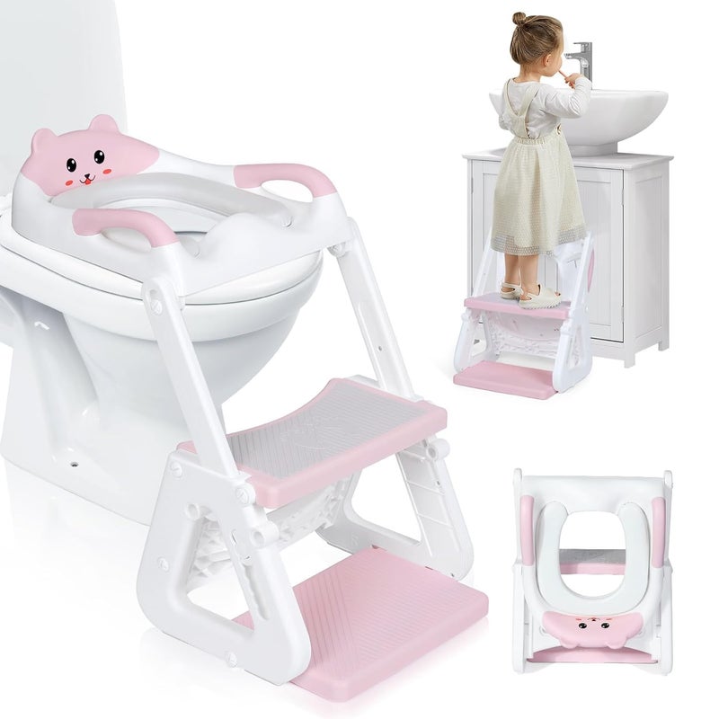 Orzbow Potty Training Seat 2IN1 Toddler Potty Training Toilet with Step Stool Stability Toilet Seat for Boys Girls with Splash Guard and AntiSlip Pad Adjustable Ladder  Potty Seat Height Pink - Image 1