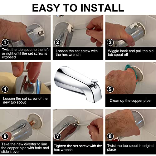 Enhon Slip on Tub Spout with Diverter, Compatible with American Standard 8888026.002 Tub Spout, Bathroom Bathtub Faucet, Fits 1/2 Copper Water Tube(5/8 Dia), 5/32 Hex Wrench(Chrome,2) - Image 5
