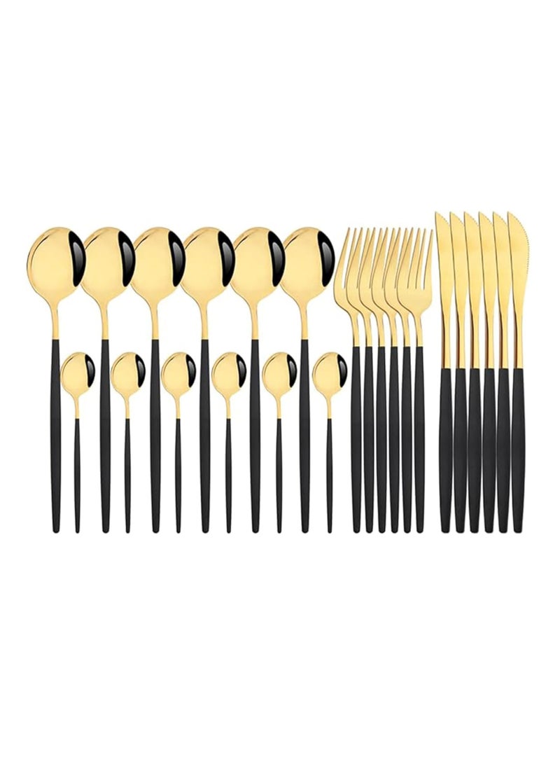Dubkart 24 Pieces Black Handle Golden Cutlery Set Stainless Steel Knife Fork Spoon Tableware Flatware Set Festival Kitchen Dinnerware Gift Perfect for any occasion - Image 2