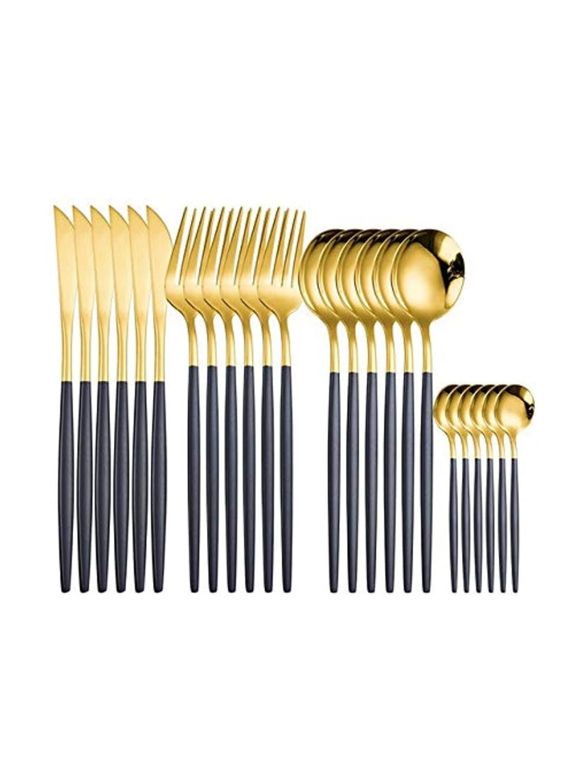 Dubkart 24 Pieces Black Handle Golden Cutlery Set Stainless Steel Knife Fork Spoon Tableware Flatware Set Festival Kitchen Dinnerware Gift Perfect for any occasion - Image 1