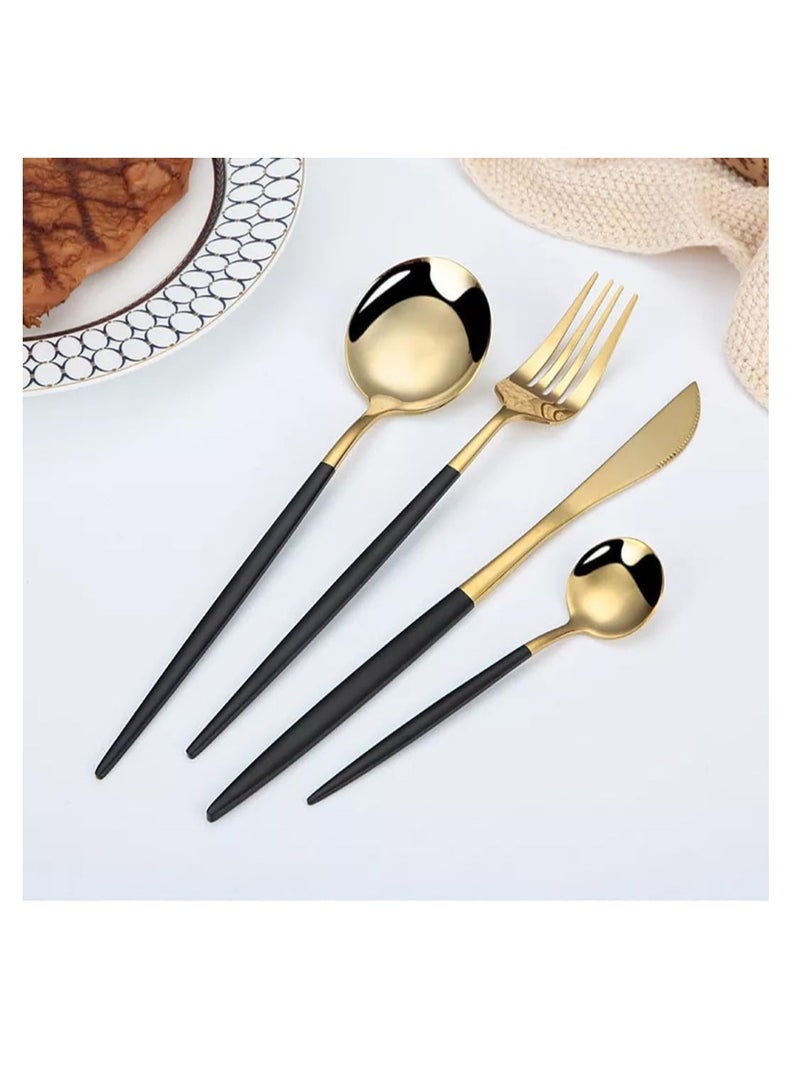 Dubkart 24 Pieces Black Handle Golden Cutlery Set Stainless Steel Knife Fork Spoon Tableware Flatware Set Festival Kitchen Dinnerware Gift Perfect for any occasion - Image 4