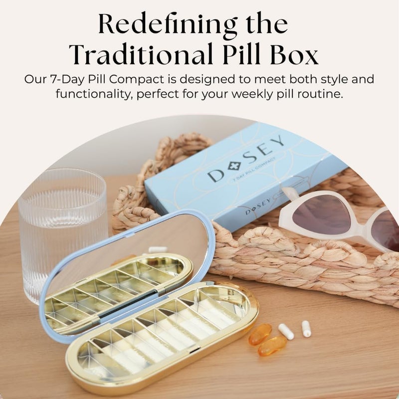 Dosey 7 Day Pill Compact Travel Pill Organizer - Pill Case with 7 Pill Compartments for Medicine Storage & Protection – Stylish & Elegant Medication Organizer with Mirror (Blue) - Image 2