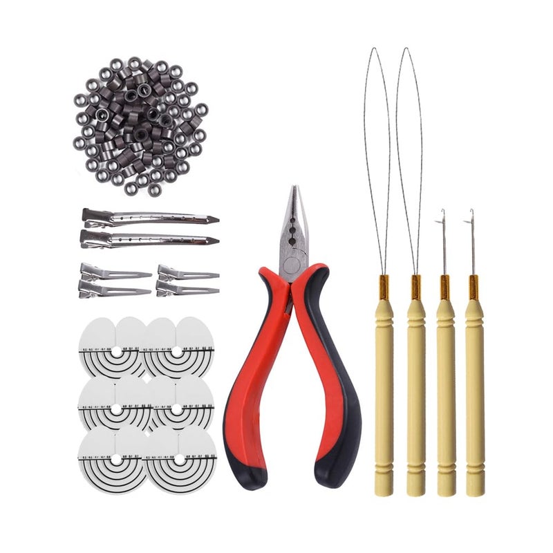 yantaisiyu 200 Pcs Silicone Micro Rings Hair Extensions Tools Kit Threehole Hair Pliers Micro Pulling Hook Needle Loop Threader and Silicone Micro Links Rings Beads Dark brown