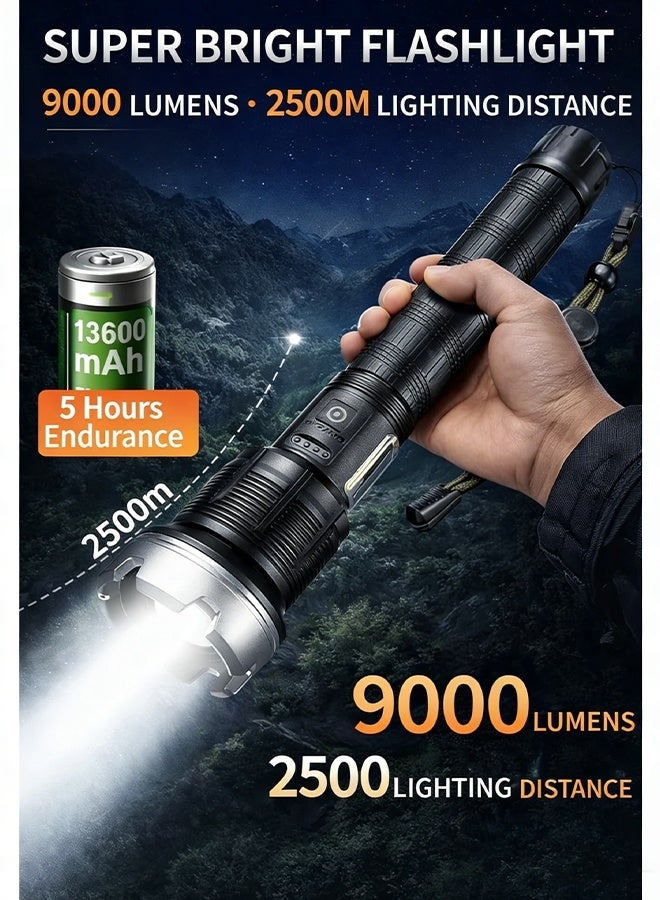 AHAKAC Rechargeable Flashlight Handheld Flashlight Battery Five Hours of Battery Life -9000 Lumens High-Intensity Flashlight-Aluminum Alloy Body - USB Rechargeable Zoom Long-Range Outdoor Handheld Flashlight - Image 2