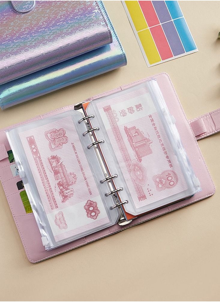 SYOSI A6 Laser Dazzling Flipbook Budget Flipbook Binder 6 Ring Leather Notebook Flipbook Binder Cover, Cash Budget System with Transparent Zipper Pocket Colorful Label  - Image 3