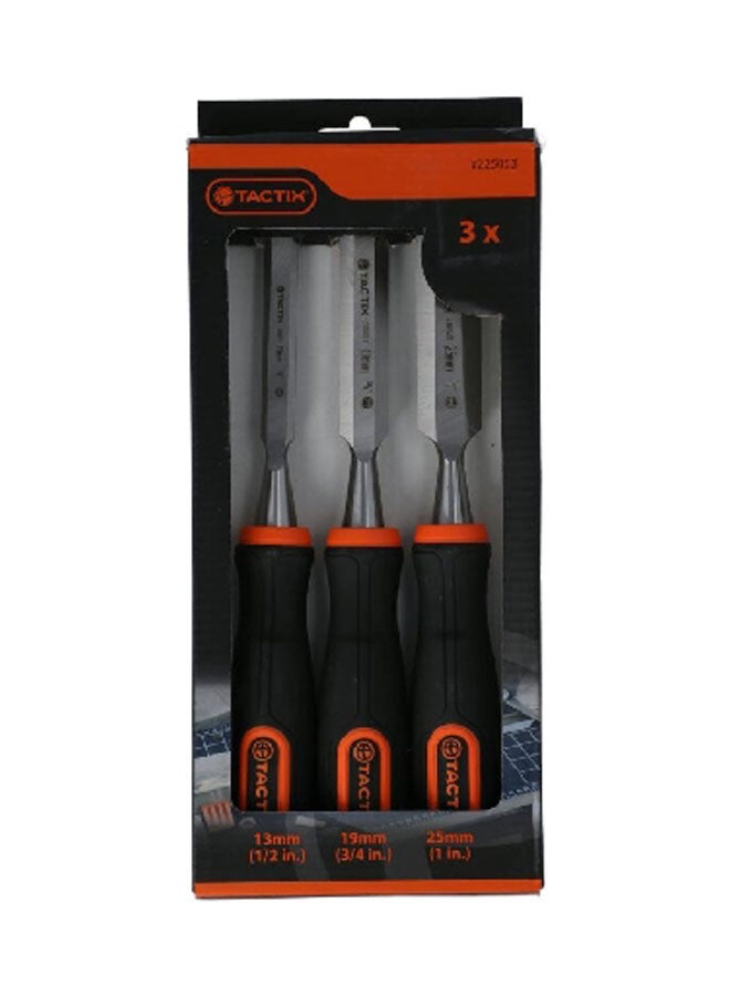 Tactix 3-Piece Chrome-Vanadium Steel Wood Chisels Set with Non-Slip Handle Orange and Black 225053  - Image 2