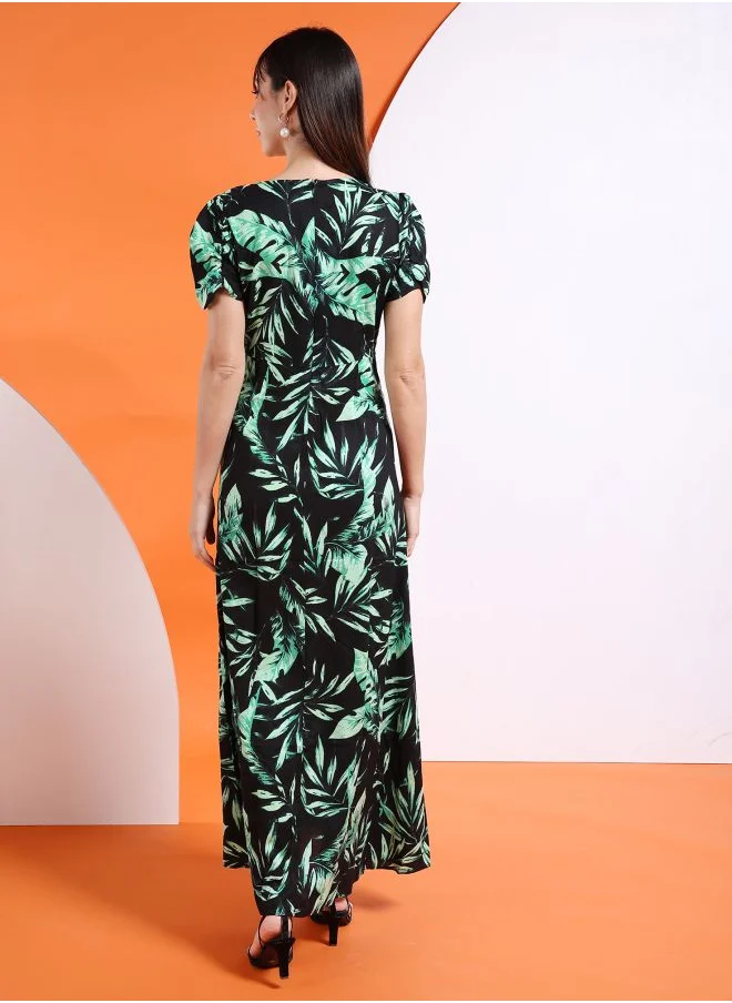 مرفوعة Women Fit and Flared Casual Tropical Print Waist Cut Out Long Dress