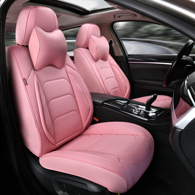 TIEHESYT Pink Car Seat Covers Front Pair, Breathable Leather Automotive Front Seat Covers & Headrest for Comfortable Driving, Universal Auto Interior Fit for Most Kinds of Vehicles - Image 1