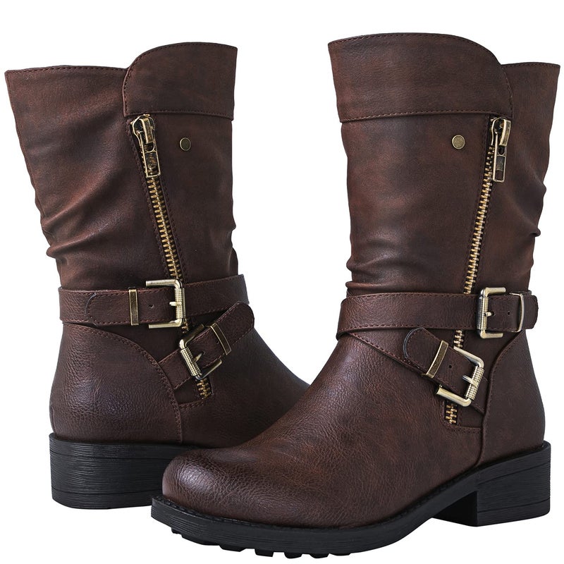 GLOBALWIN Women's Fall Fashion Biker Boots Mid Calf Boots For Women Brown Low Heel Size 9.5M - Image 2