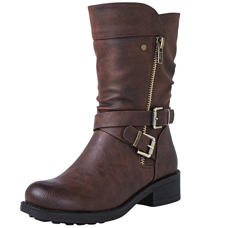 GLOBALWIN Women's Fall Fashion Biker Boots Mid Calf Boots For Women Brown Low Heel Size 9.5M - Image 1