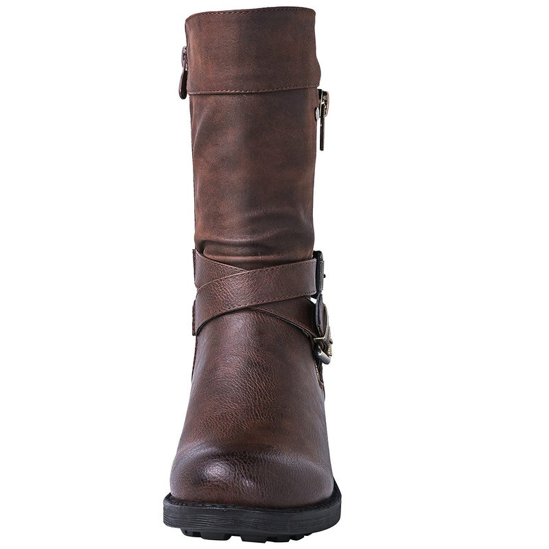 GLOBALWIN Women's Fall Fashion Biker Boots Mid Calf Boots For Women Brown Low Heel Size 9.5M - Image 4