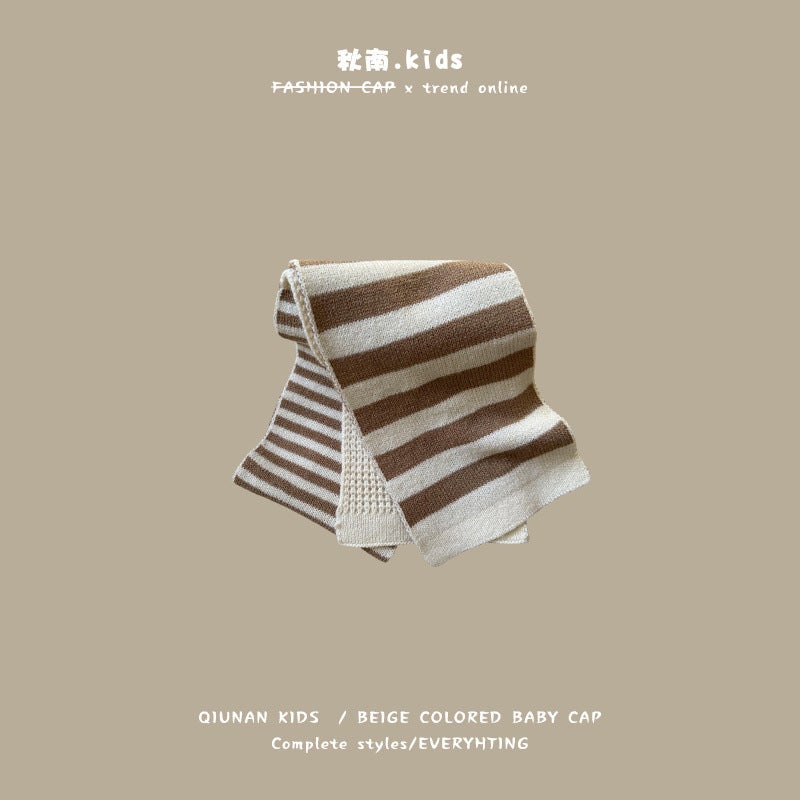 Autumn Kids Scarf 2024 Knitted Childrens Neck Wrap Khaki White Stripes 