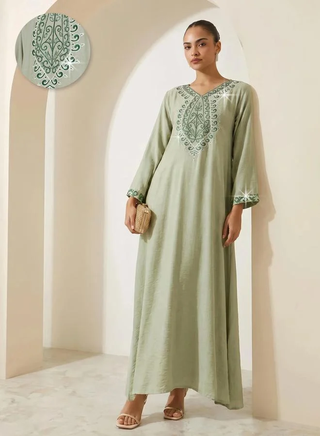 Amirah Green Embroidered Yoke Jalabiya with Embellishment