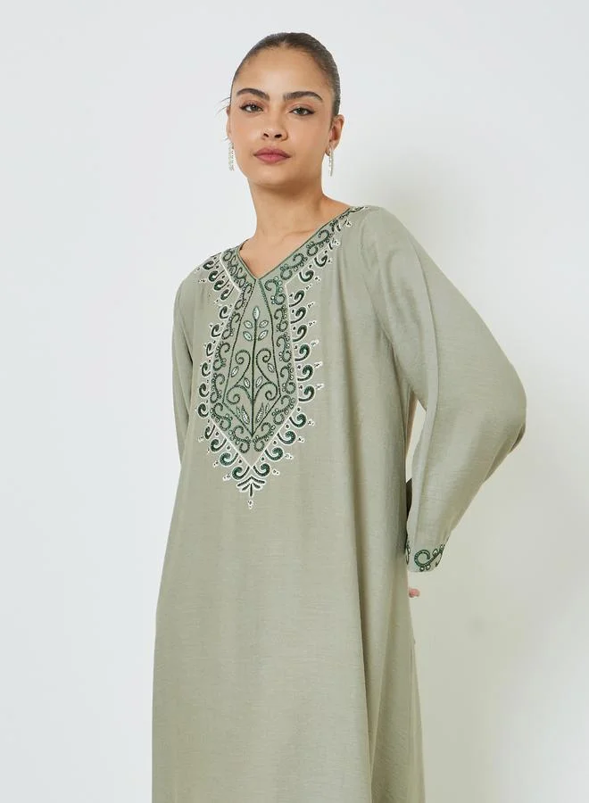 Amirah Green Embroidered Yoke Jalabiya with Embellishment