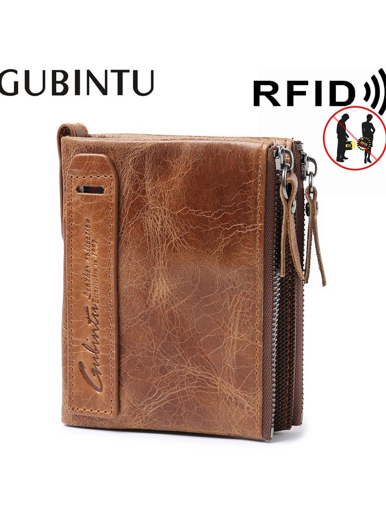 GUBINTO - Retro leather enterprise RFID men's coin purse crazy horse cowhide double zipper wallet - Image 1