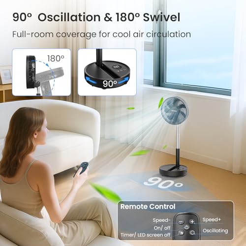 TriPole Portable Standing Fan, 8000mAh Rechargeable Oscillating Fan with Remote, 8.1'' Quiet Pedestal Floor Fan with LED Display & Timer, Foldable Small Desk Fans for Bedroom, Office, Camping, Travel - Image 5