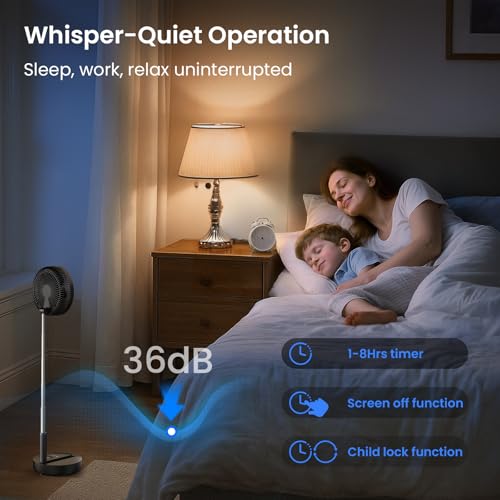 TriPole Portable Standing Fan, 8000mAh Rechargeable Oscillating Fan with Remote, 8.1'' Quiet Pedestal Floor Fan with LED Display & Timer, Foldable Small Desk Fans for Bedroom, Office, Camping, Travel - Image 4
