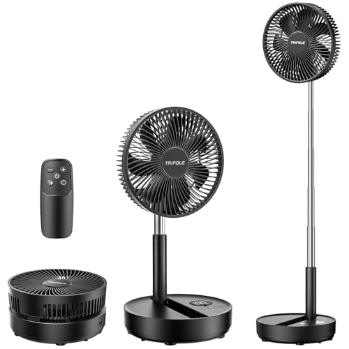 TriPole Portable Standing Fan, 8000mAh Rechargeable Oscillating Fan with Remote, 8.1'' Quiet Pedestal Floor Fan with LED Display & Timer, Foldable Small Desk Fans for Bedroom, Office, Camping, Travel - Image 1