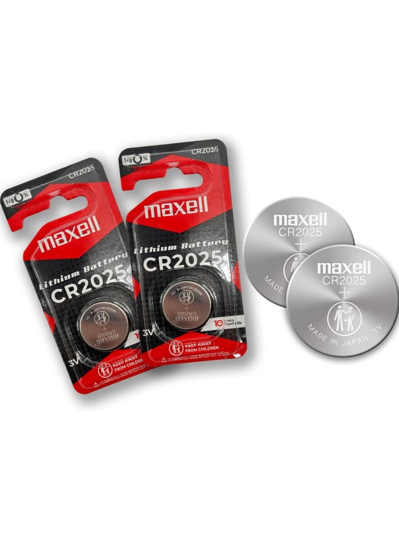 ماكسل بطاريات ليثيوم عملة معدنية Maxell CR2025 3V، طويلة الأمد [عبوة مقاومة للأطفال] فضية | مجموعة من قطعتين | بطاريات زر عادية | صنع في اليابان - Image 1