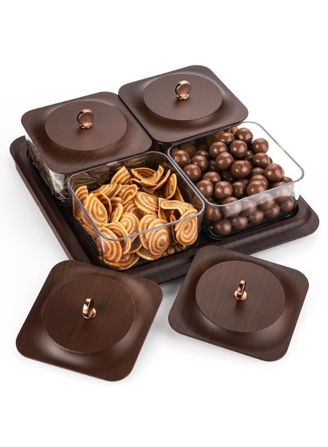 WALALLA Snack Serving Tray,Household Divided Serving Tray with lid,Platter Tray Suitable for Fruit,Candy,Nuts,Compartment Serving Tray with lid,Plastic Imitated Wood Square Snack Tray,Ideal for Home, Party,Birthday - Image 1