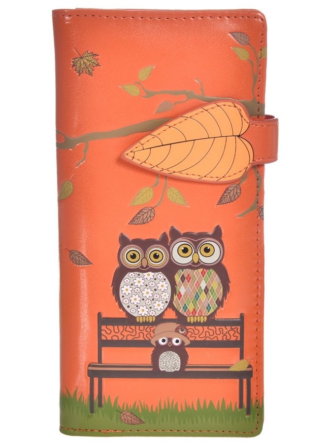 Shag Wear - Women'S Premium Vegan Clutch Cardholder Wallet Zipper Purse With Pretty Autumn Owl Orange - Image 1