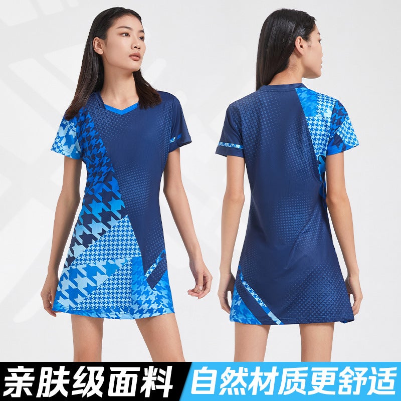 Generic Womens Tennis Suit dress suit Short-sleeved Training Suit Printed Sportswear Competition Suit Badminton Suit Quick-drying 8811 royal blue dress [free lining)