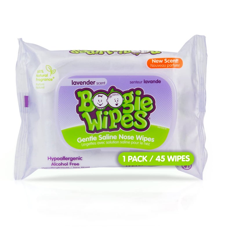 Boogie Saline Nose Wipes by Boogie for Baby  Kids Face Hand  Body FSAHSA Eligible Made with Vitamin E Aloe and Natural Saline Lavender Scent 45 Count Pack of 1 - Image 1
