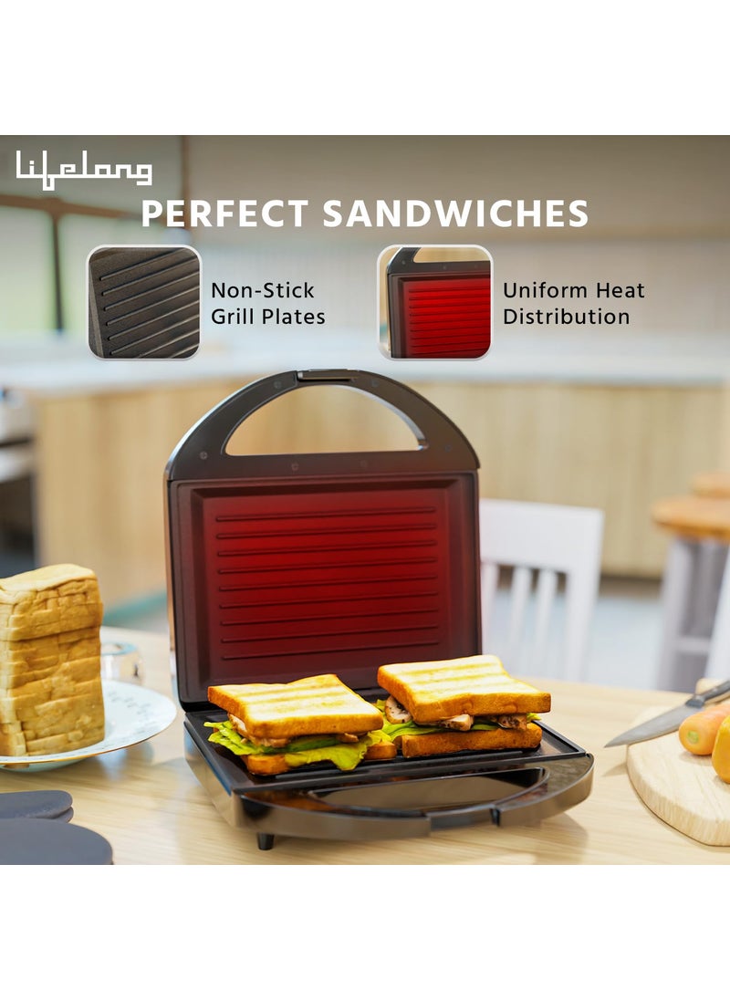 Lifelong Sandwich Griller 750 W Classic Pro Auto Cut off Power Indicator Sandwich Maker with 4 Slice NonStick Fixed Plates for Sandwiches at Home with 1 Year Warranty Black LLSM120G