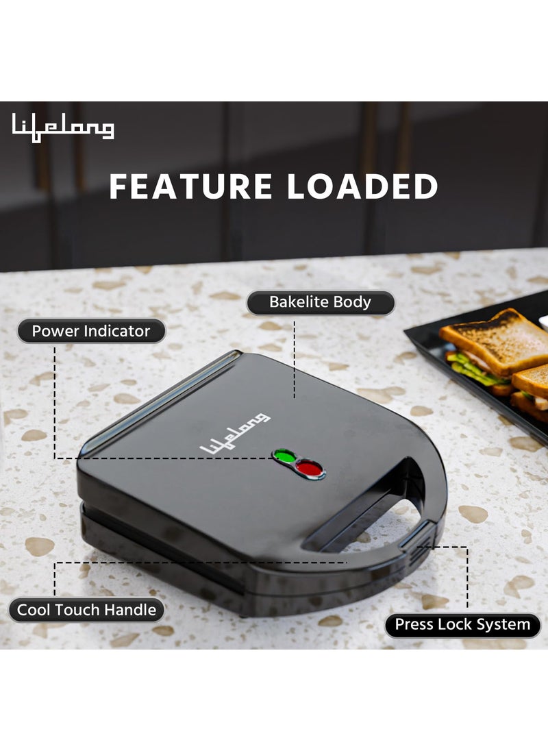 Lifelong Sandwich Griller 750 W Classic Pro Auto Cut off Power Indicator Sandwich Maker with 4 Slice NonStick Fixed Plates for Sandwiches at Home with 1 Year Warranty Black LLSM120G