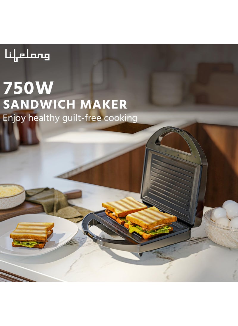 Lifelong Sandwich Griller 750 W Classic Pro Auto Cut off Power Indicator Sandwich Maker with 4 Slice NonStick Fixed Plates for Sandwiches at Home with 1 Year Warranty Black LLSM120G