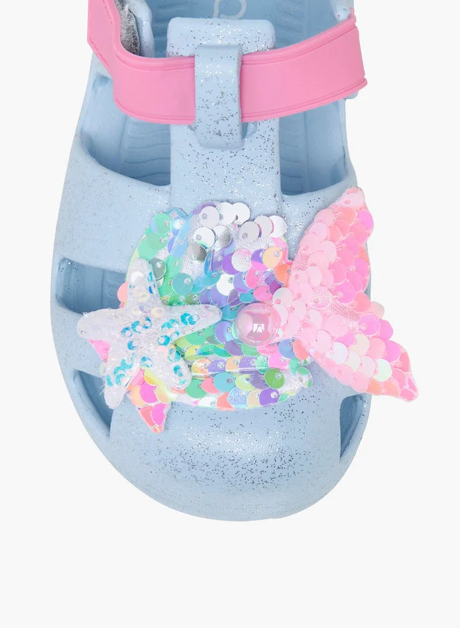 Aqua Glitter Applique Sandals with Hook and Loop Closure