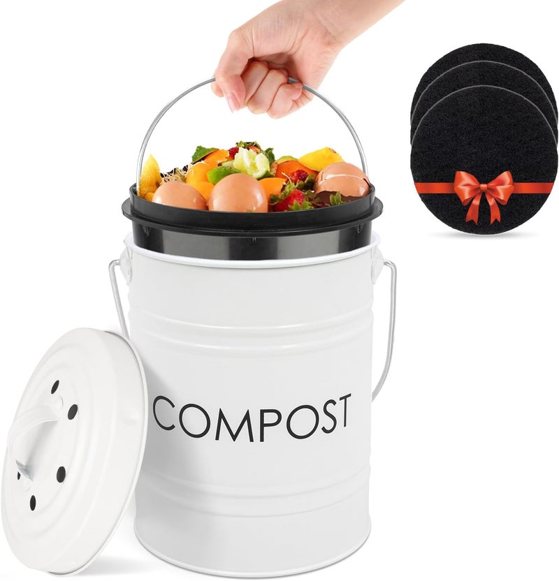 Vipush Compost Bin for Kitchen Countertop With Lid - Includes Inner Bucket Liner & 3 Charcoal Filters, White - Image 1