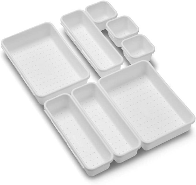 8PIECE INTERLOCKING BIN PACK CUSTOMIZABLE MULTIPURPOSE DRAWER ONE HOME ORGANIZATION WHITE