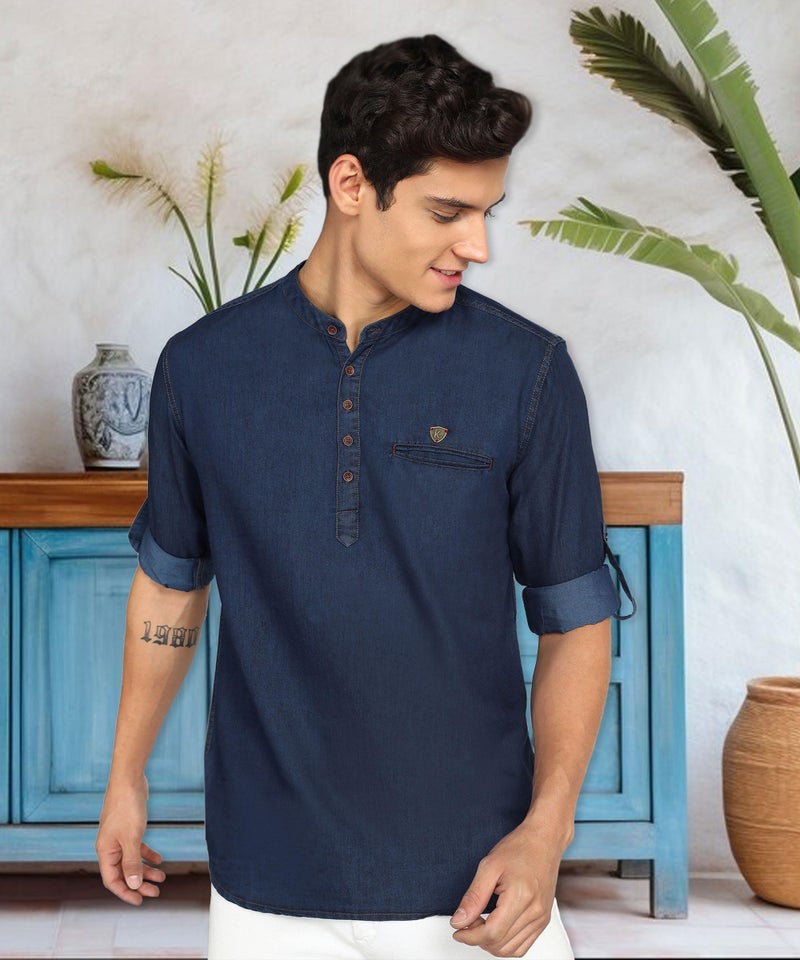 Kuons Avenue Men's Tailored Fit Short Denim Kurta (KACLFS1232Y-L_Midnight Blue_Large) - Image 4
