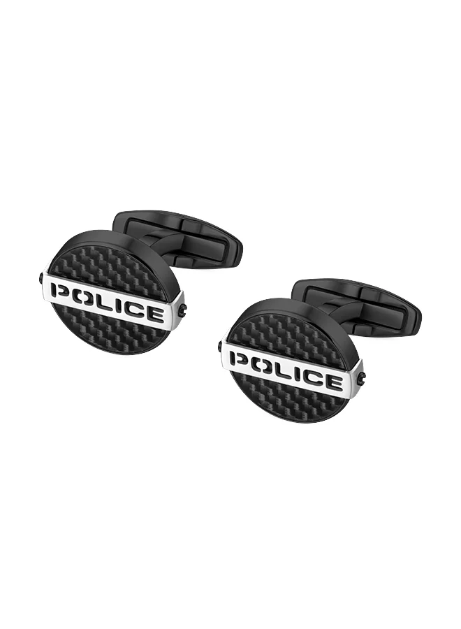POLICE Cut Grey With Black Carbon Fibre And Stainless Steel Logo Gents CufflinksPEAGC0022402