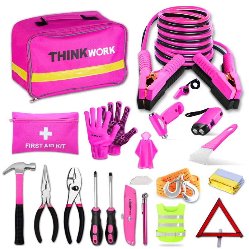 THINKWORK Car Emergency Kit for Teen Girl and Ladys Gifts Pink Emergency Roadside Assistance kit with Pink Car Tool Set 10FT Jumper First Aid Kit and More Ideal Pink Car Accessories Tool E8